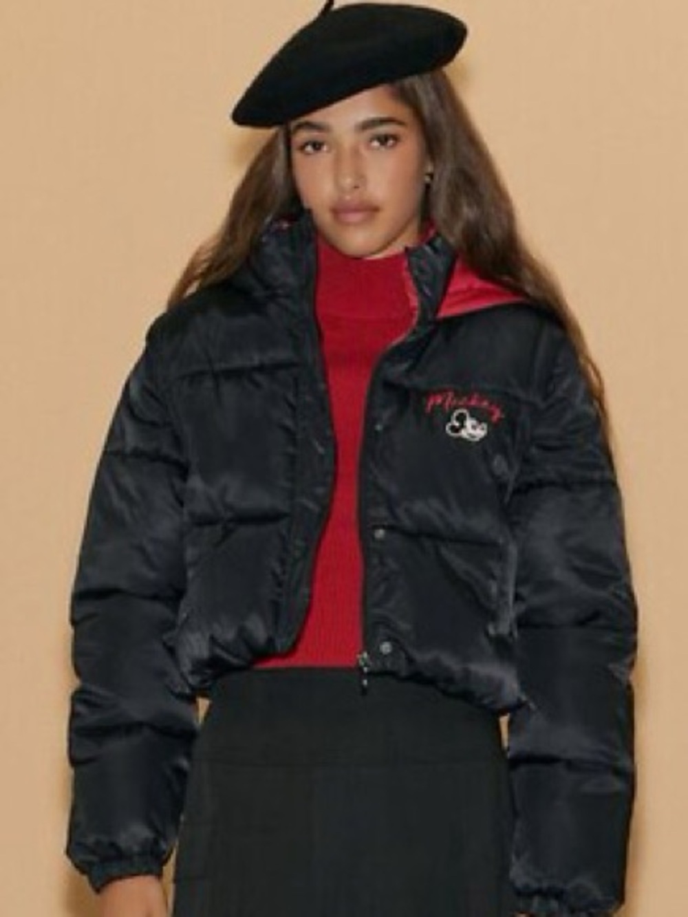Forever 21 Black Mickey Hooded cropped Puffer Jacket with Red Lining